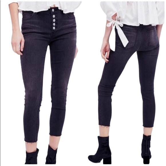 Free People Regan Exposed Button Fly  Black Skinny Jeans Raw Hem Ankle Stretchy - Picture 16 of 16